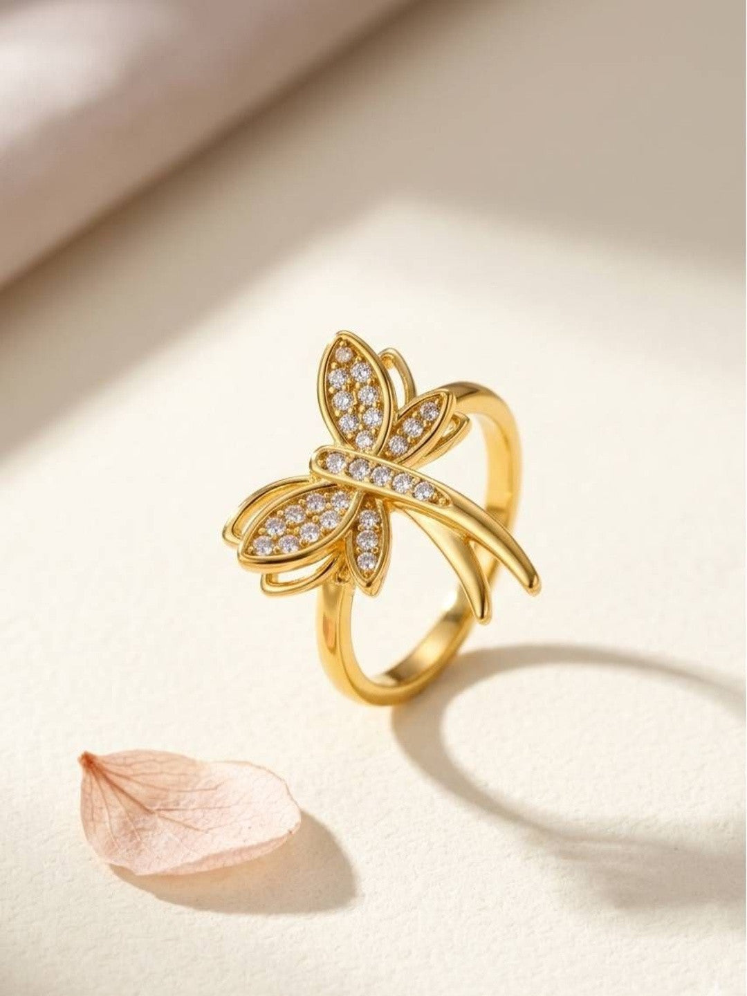Delicate Pave Dragonfly Adjustable Gold Plated Ring