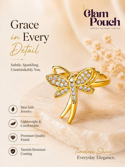 Delicate Pave Dragonfly Adjustable Gold Plated Ring