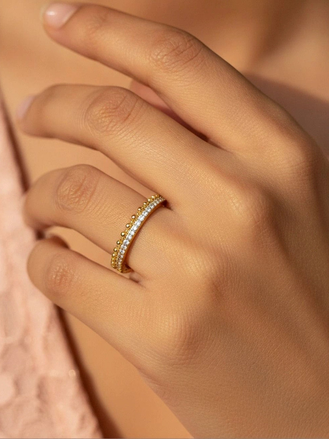 Beaded & Pave Double Layer Adjustable Diamond Band Ring