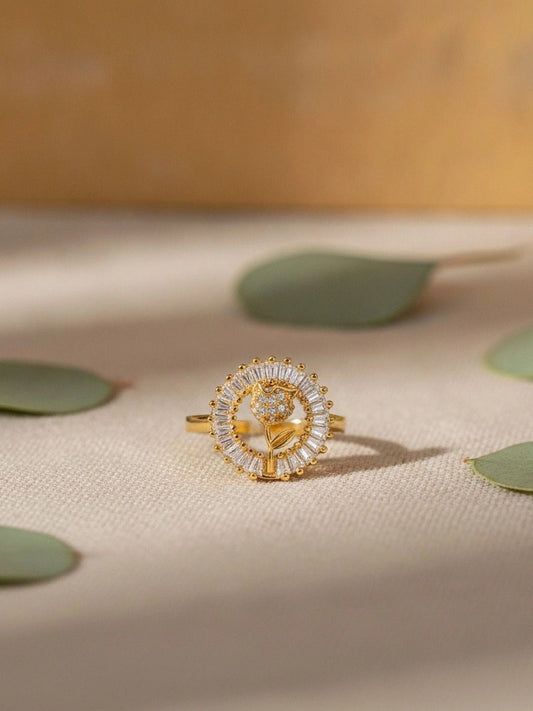 Baguette Halo & Rose Bloom Adjustable Diamond Band Ring