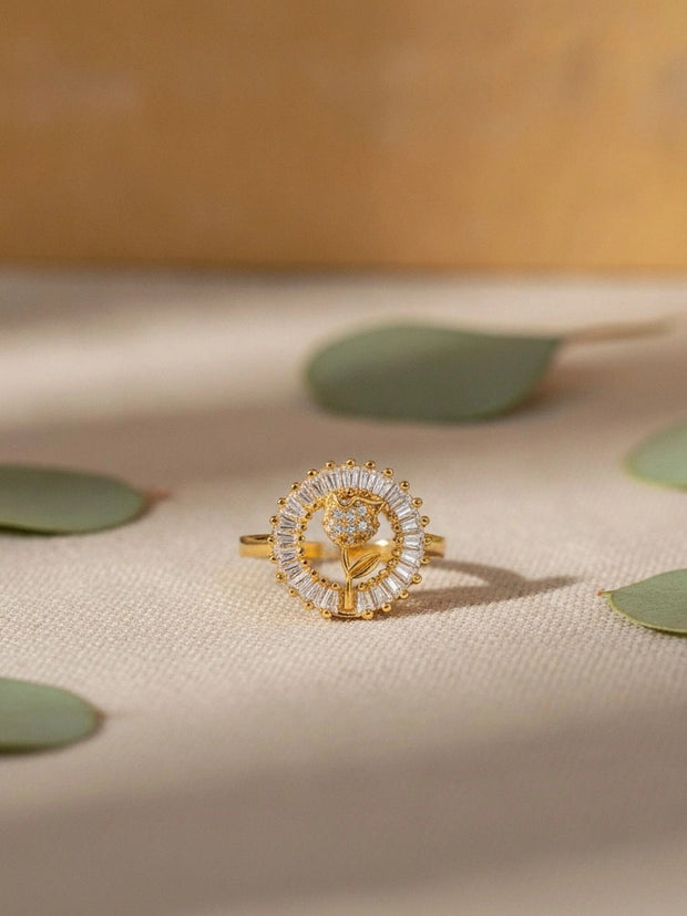 Baguette Halo & Rose Bloom Adjustable Diamond Band Ring