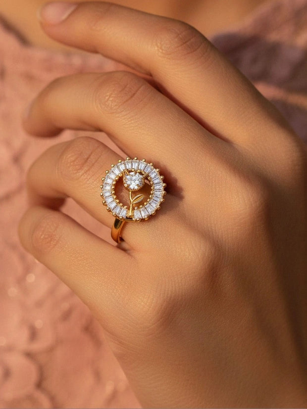 Baguette Halo & Rose Bloom Adjustable Diamond Band Ring
