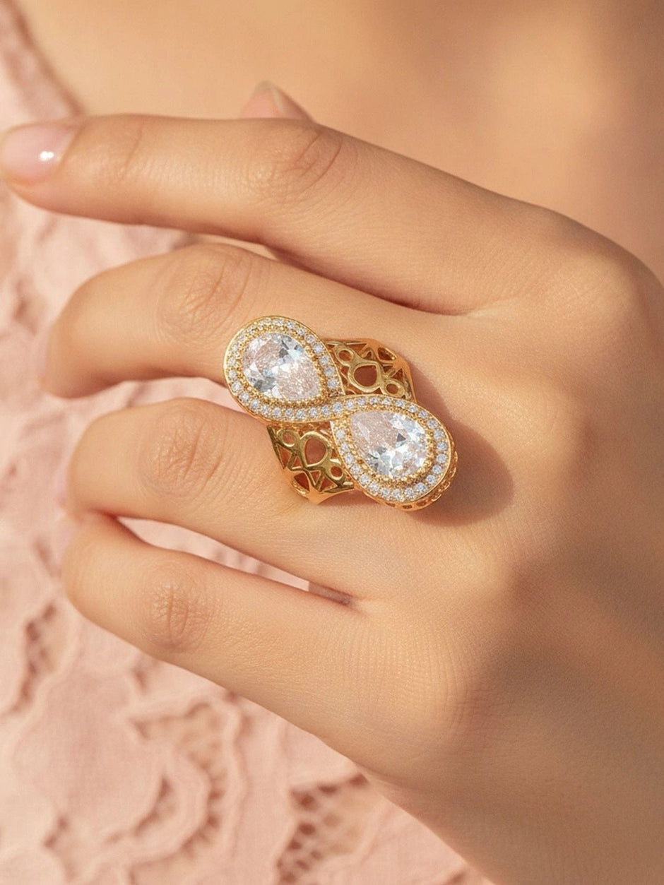 Regal Infinity Filigree Dual Pear-Cut Statement Gold Diamond Ring