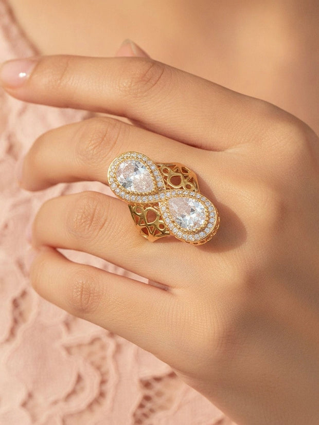 Regal Infinity Filigree Dual Pear-Cut Statement Gold Diamond Ring