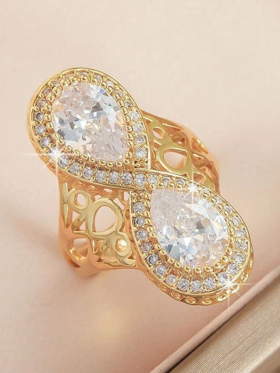 Regal Infinity Filigree Dual Pear-Cut Statement Gold Diamond Ring