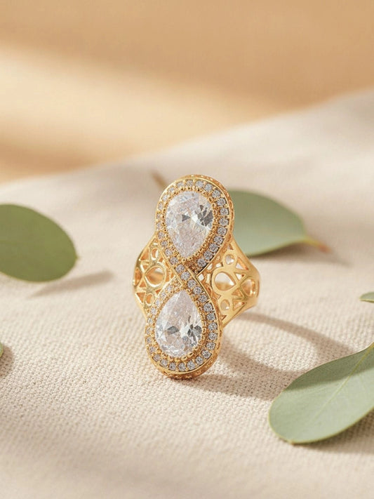 Regal Infinity Filigree Dual Pear-Cut Statement Gold Diamond Ring