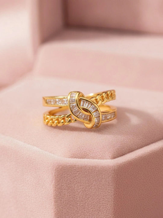 Chic Knot Chain & Baguette Stackable Gold-Plated Diamond Ring