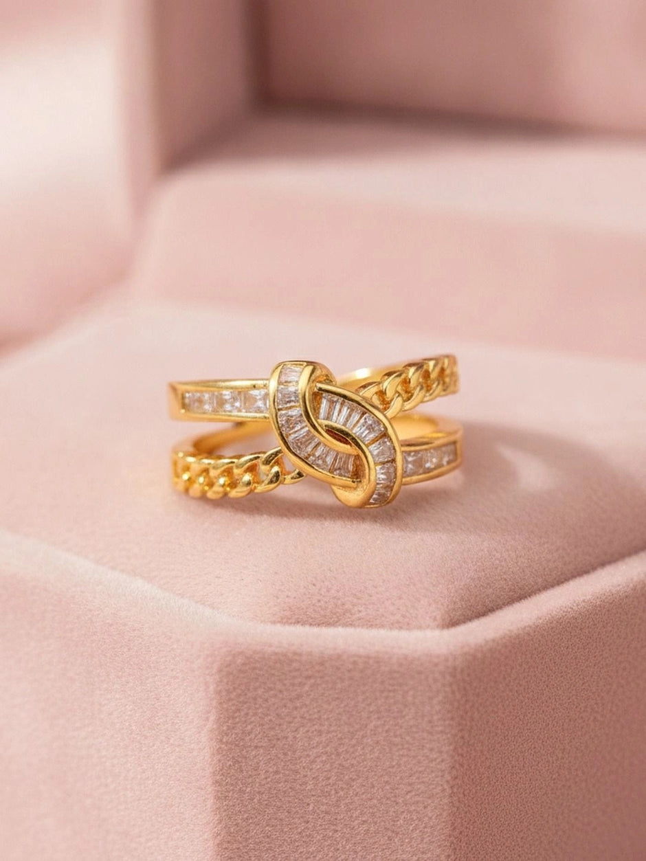 Chic Knot Chain & Baguette Stackable Gold-Plated Diamond Ring