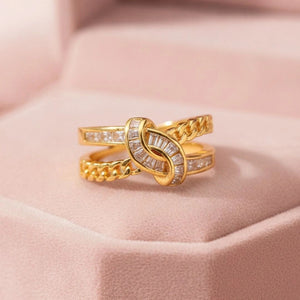Chic Knot Chain & Baguette Stackable Gold-Plated Diamond Ring