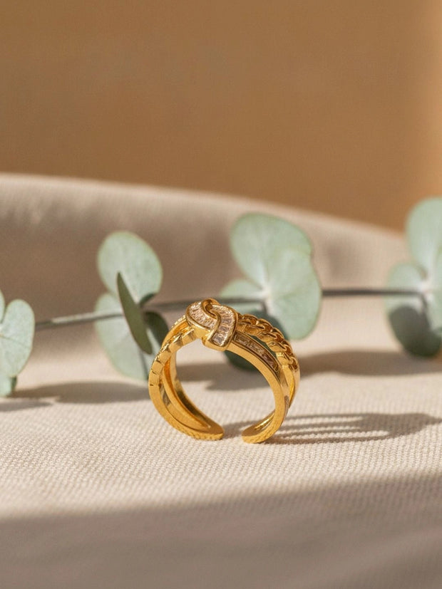 Chic Knot Chain & Baguette Stackable Gold-Plated Diamond Ring