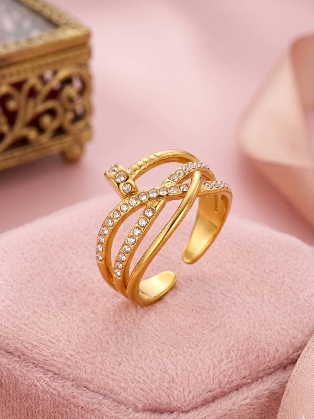 Layered Pave Crossover Nail Stackable Diamond Ring