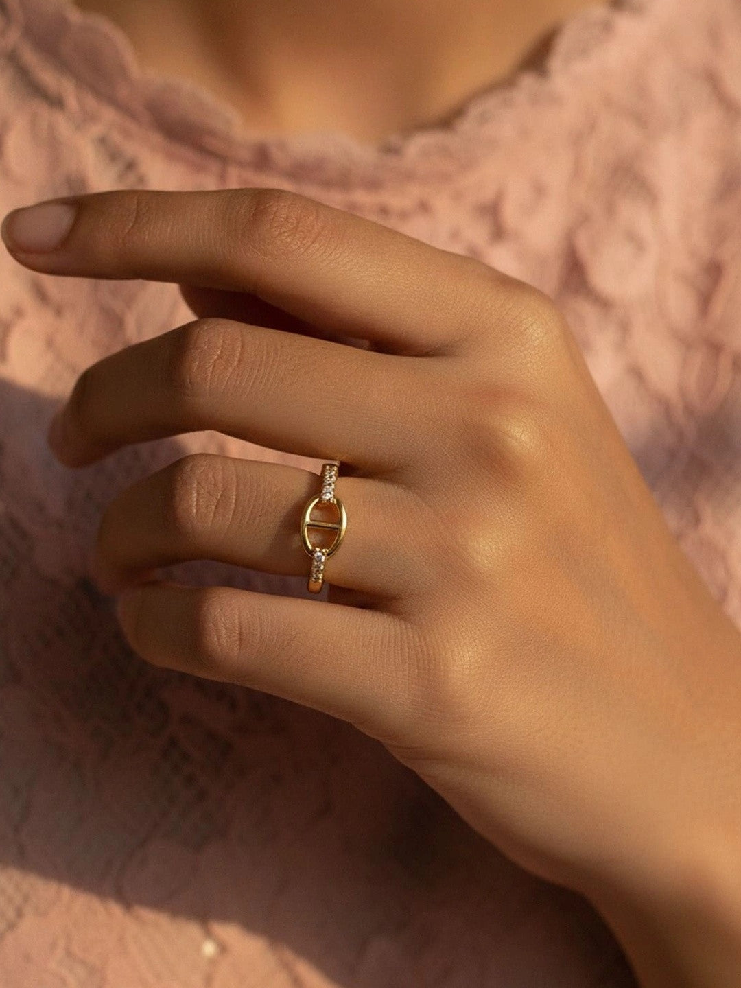 Delicate Pave Link Stackable Gold Band Ring