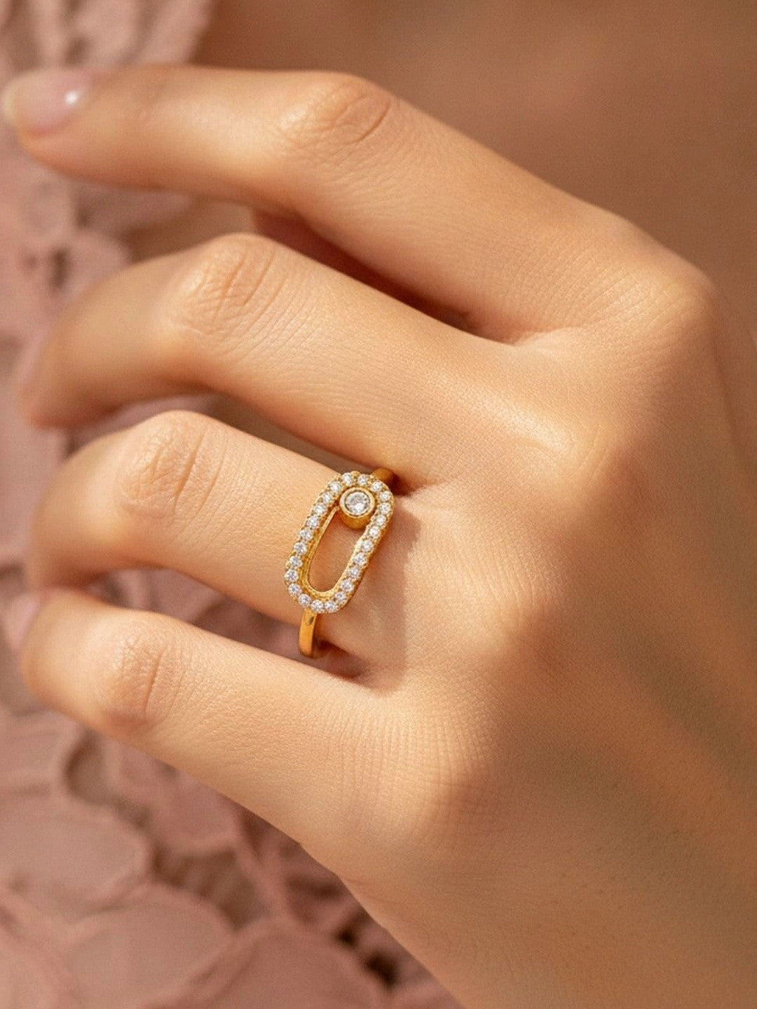 Modern Pave Link Open Stackable Gold Plated Diamond Ring