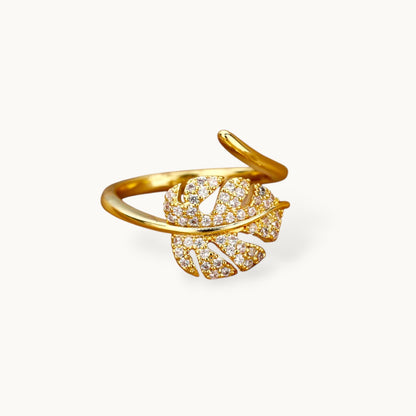 Delicate Pave Monstera Leaf Adjustable Gold Plated Ring