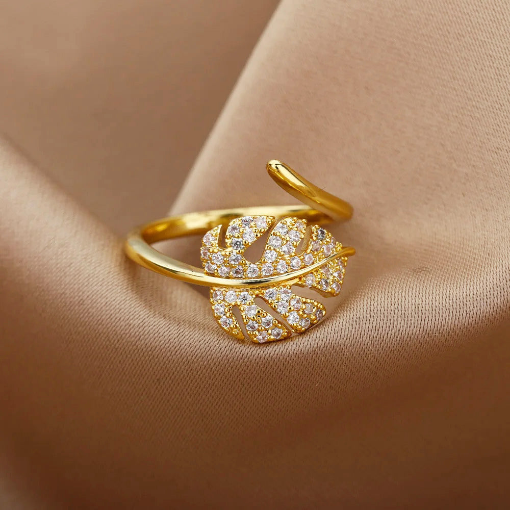 Delicate Pave Monstera Leaf Adjustable Gold Plated Ring