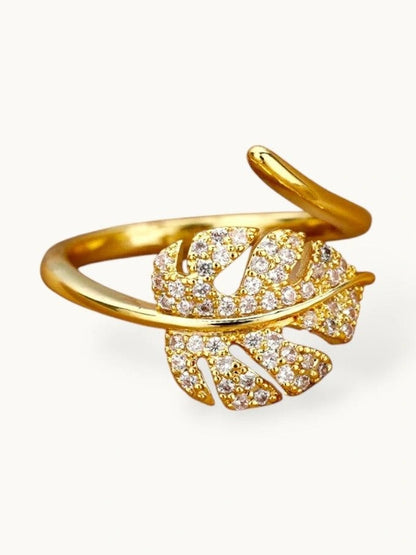 Delicate Pave Monstera Leaf Adjustable Gold Plated Ring