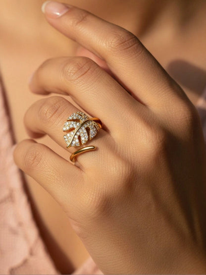 Delicate Pave Monstera Leaf Adjustable Gold Plated Ring
