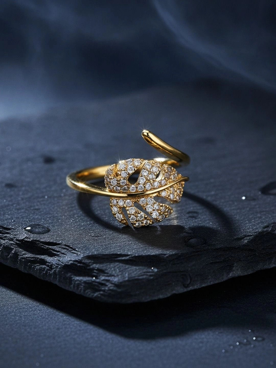 Delicate Pave Monstera Leaf Adjustable Gold Plated Ring