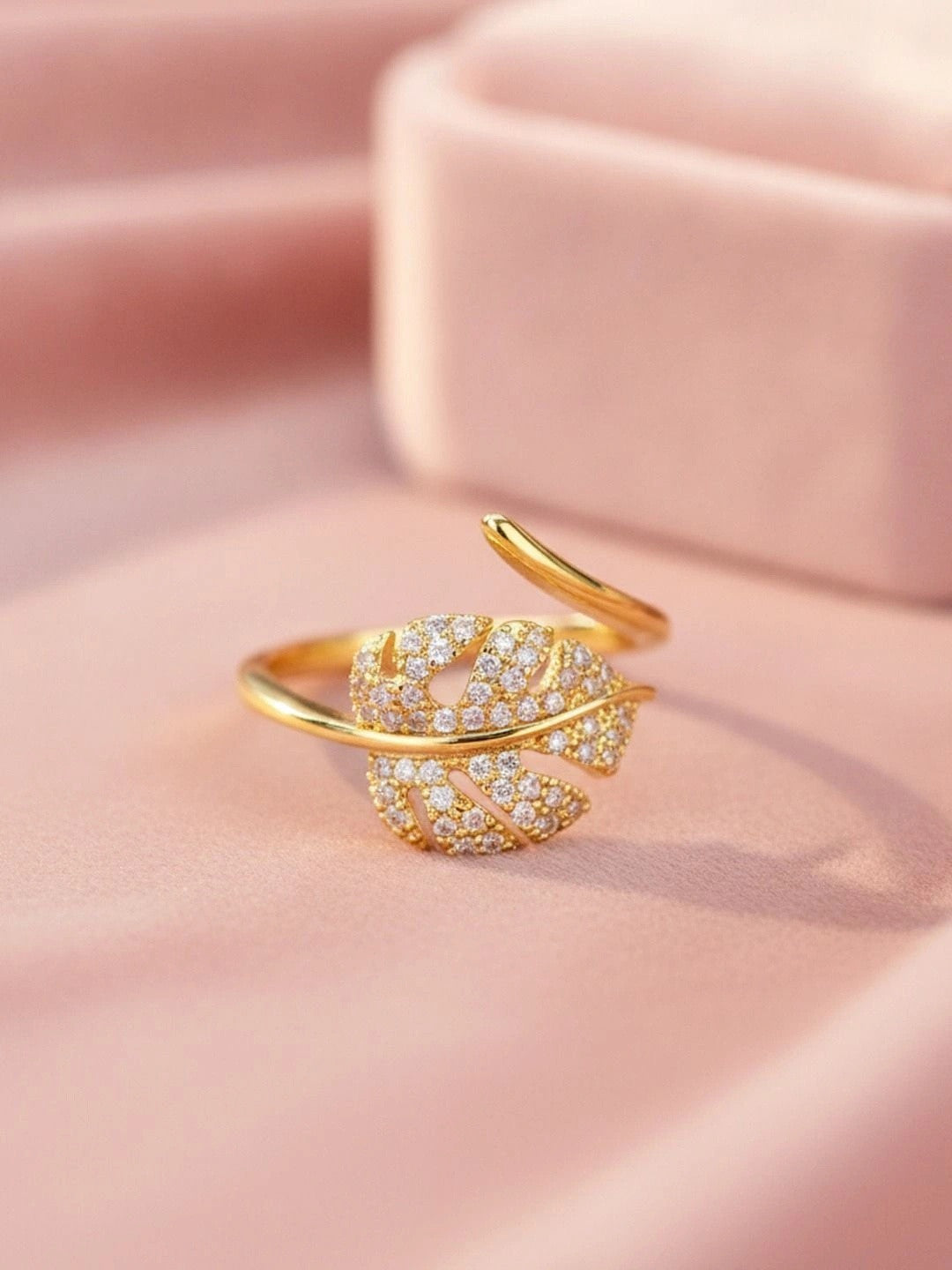 Delicate Pave Monstera Leaf Adjustable Gold Plated Ring