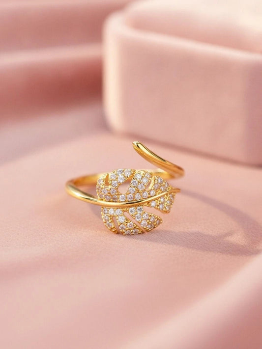Delicate Pave Monstera Leaf Adjustable Gold Plated Ring