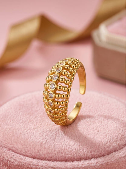 Ornate Pave & Beaded Dome Gold Plated Diamond Ring