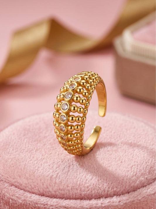 Ornate Pave & Beaded Dome Gold Plated Diamond Ring