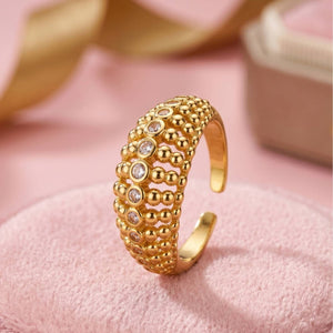 Ornate Pave & Beaded Dome Gold Plated Diamond Ring