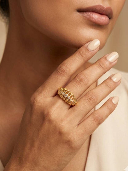 Ornate Pave & Beaded Dome Gold Plated Diamond Ring