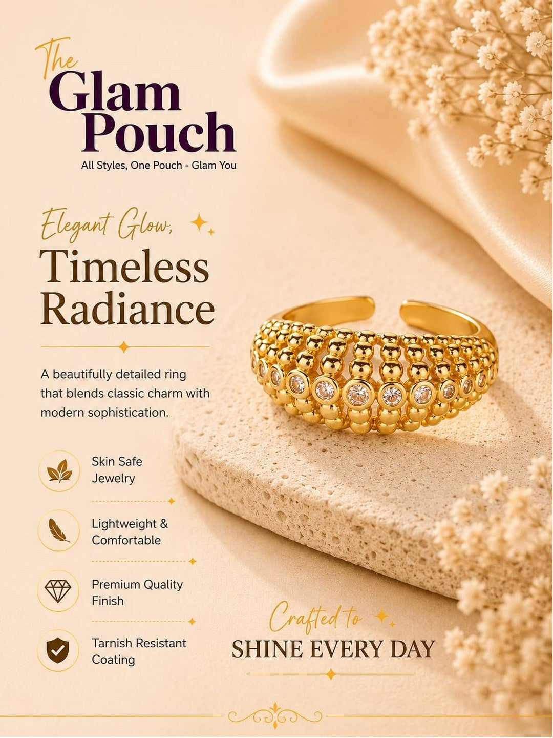 Ornate Pave & Beaded Dome Gold Plated Diamond Ring
