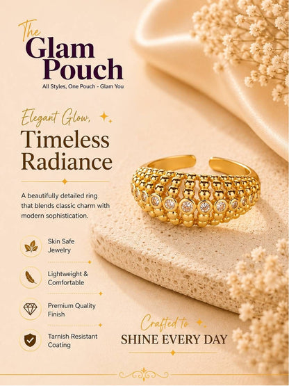Ornate Pave & Beaded Dome Gold Plated Diamond Ring