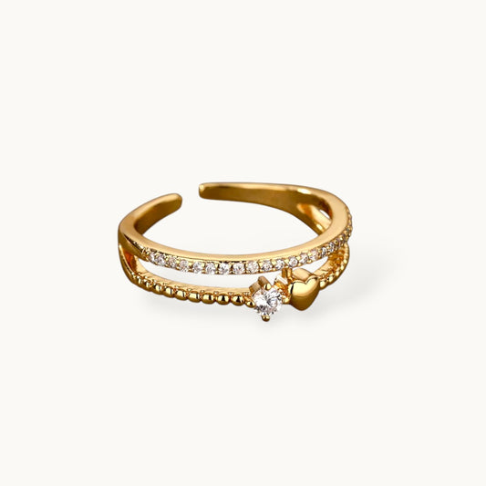 Beaded Pave & Solitaire Heart Shape Diamond Ring With Dual Band