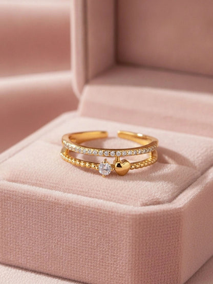 Beaded Pave & Solitaire Heart Shape Diamond Ring With Dual Band