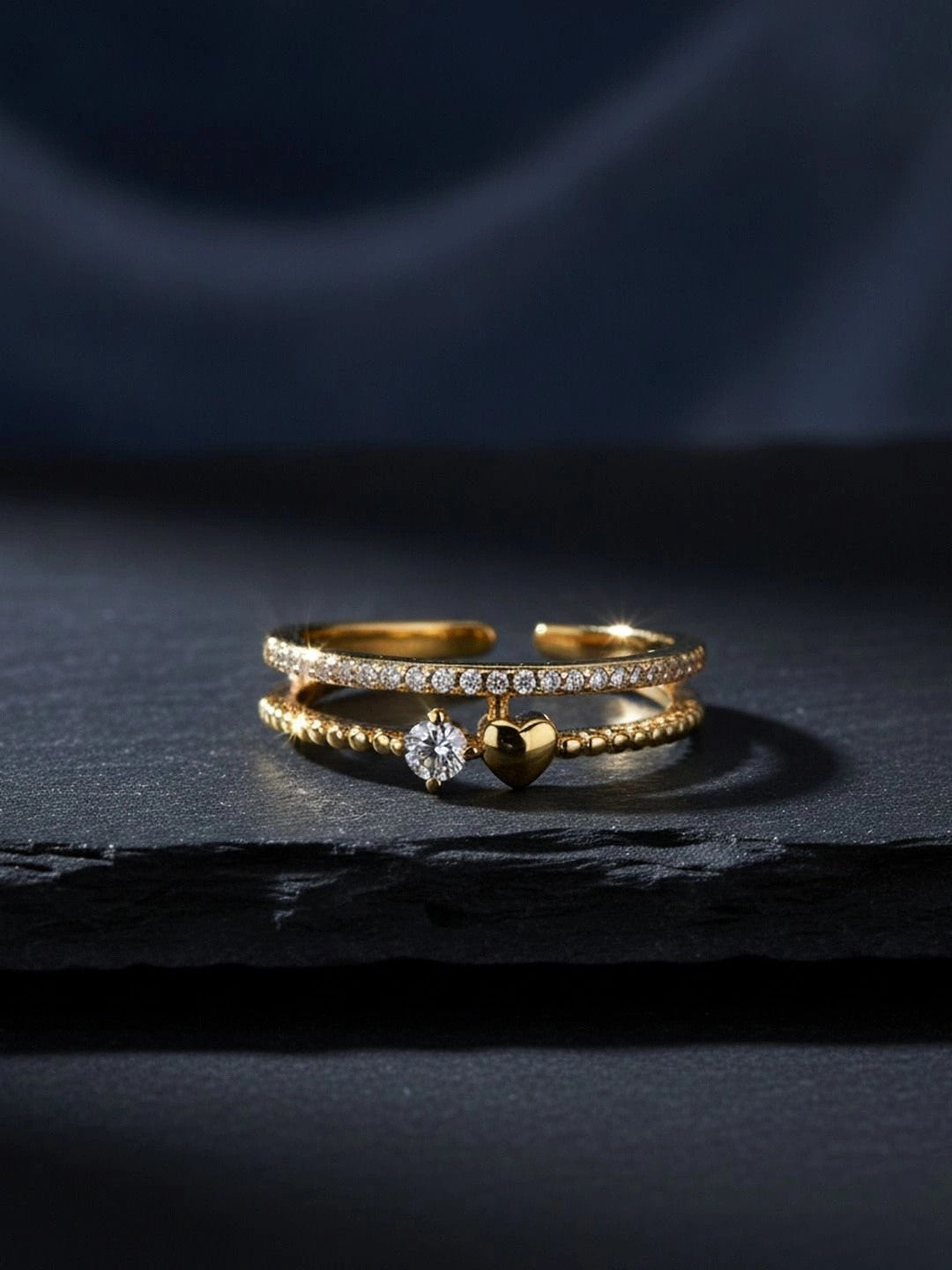Beaded Pave & Solitaire Heart Shape Diamond Ring With Dual Band