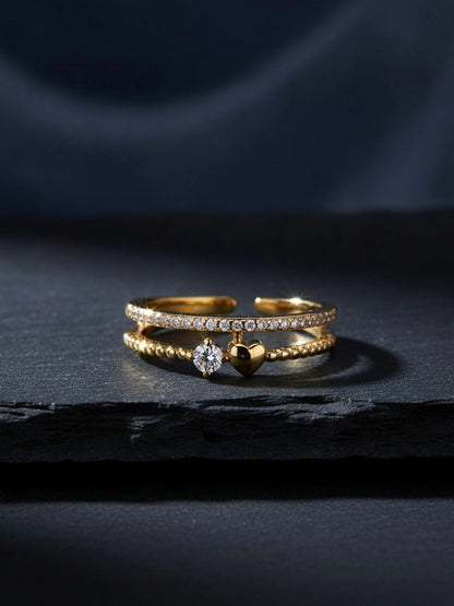 Beaded Pave & Solitaire Heart Shape Diamond Ring With Dual Band