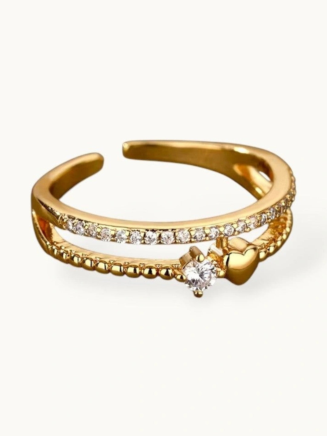 Beaded Pave & Solitaire Heart Shape Diamond Ring With Dual Band