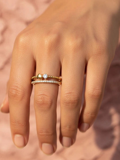 Beaded Pave & Solitaire Heart Shape Diamond Ring With Dual Band