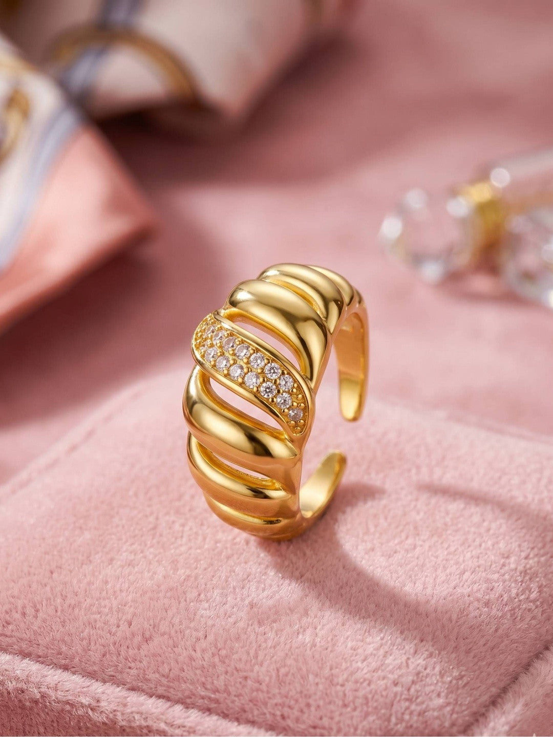 Sculptural Ribbed Dome with Diagonal Pave Diamond Ring