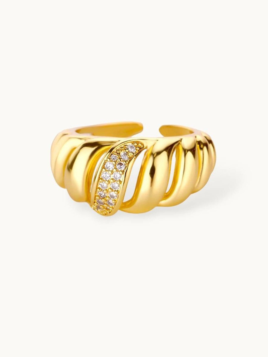 Sculptural Ribbed Dome with Diagonal Pave Diamond Ring