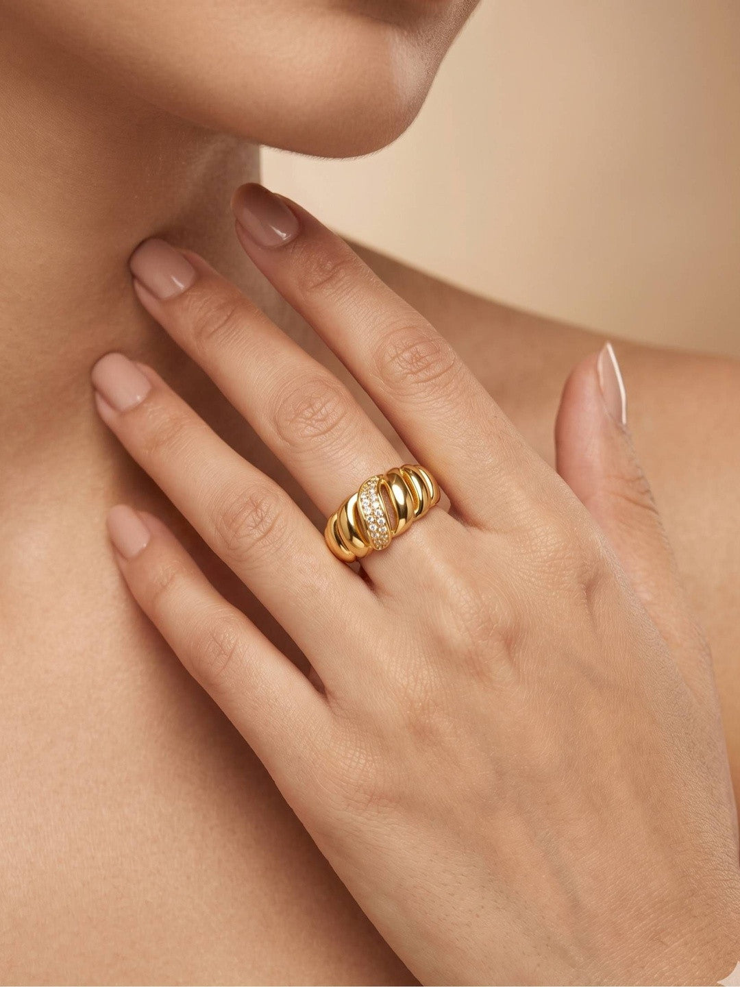 Sculptural Ribbed Dome with Diagonal Pave Diamond Ring