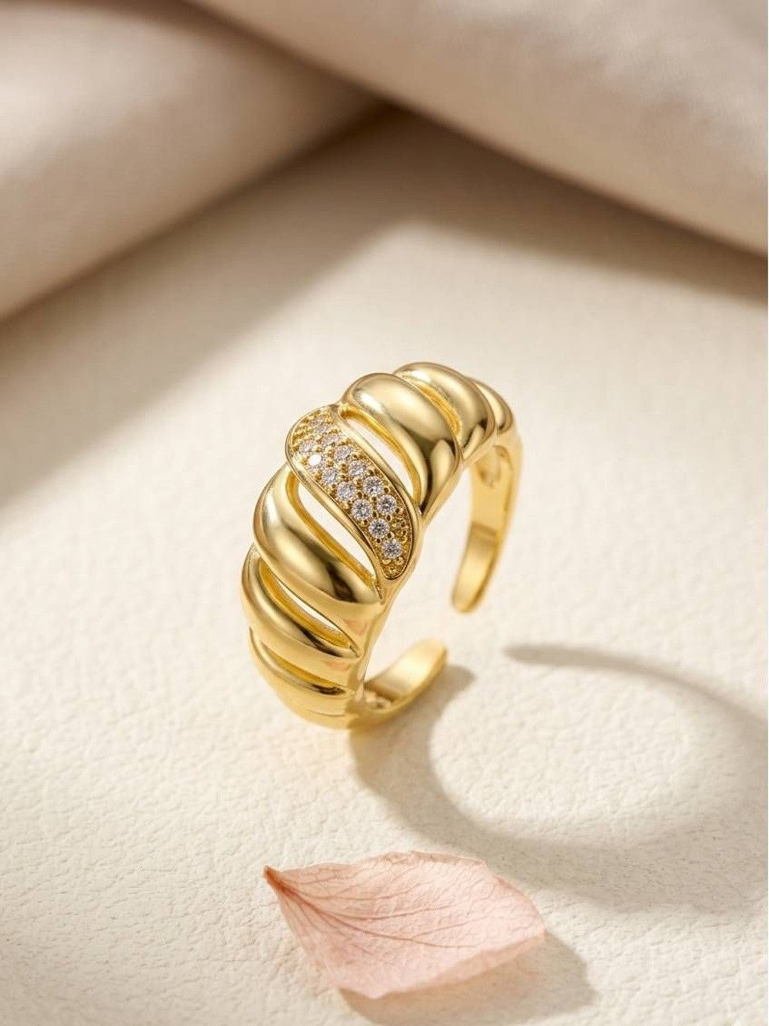 Sculptural Ribbed Dome with Diagonal Pave Diamond Ring