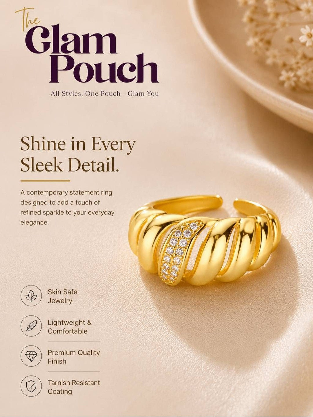 Sculptural Ribbed Dome with Diagonal Pave Diamond Ring