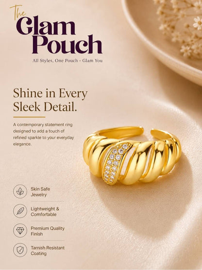 Sculptural Ribbed Dome with Diagonal Pave Diamond Ring