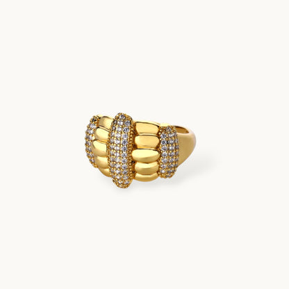 Bold Wide Segmented Pave Dome Stackable Gold Plated Ring