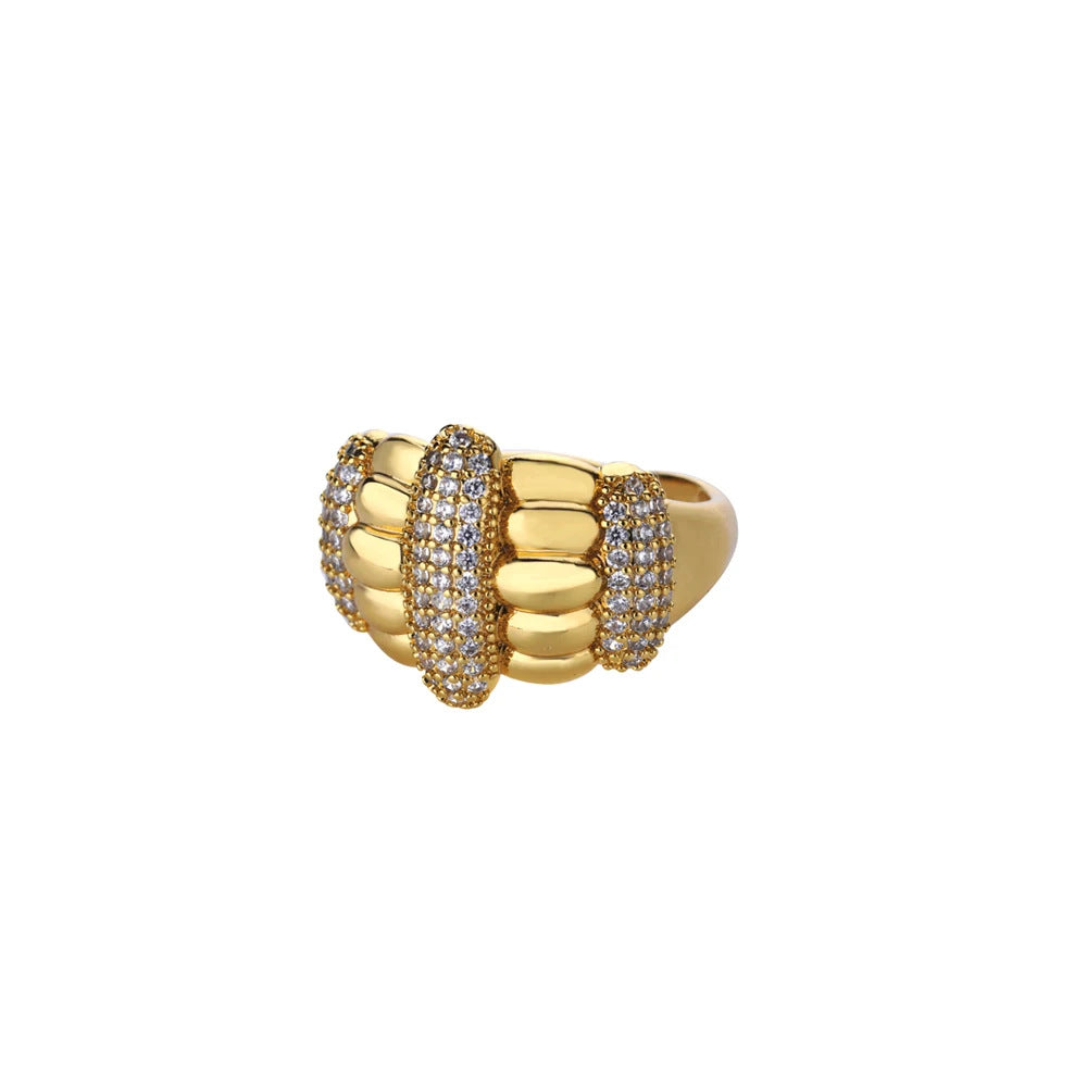 Bold Wide Segmented Pave Dome Stackable Gold Plated Ring