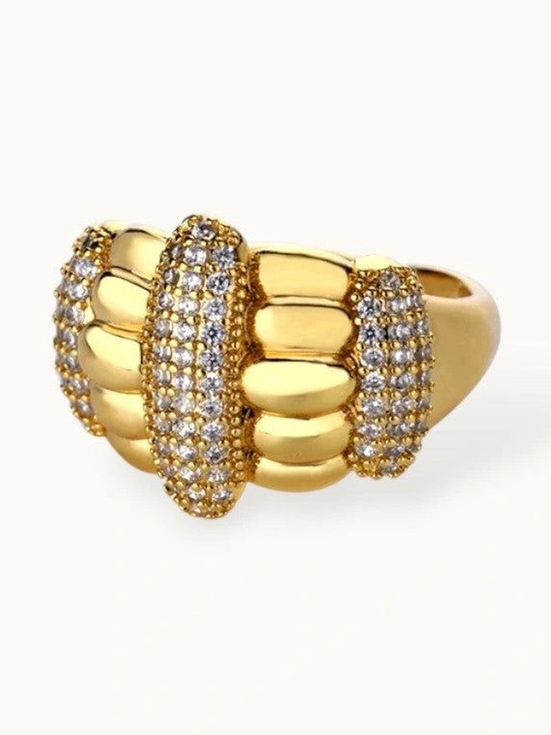Bold Wide Segmented Pave Dome Stackable Gold Plated Ring
