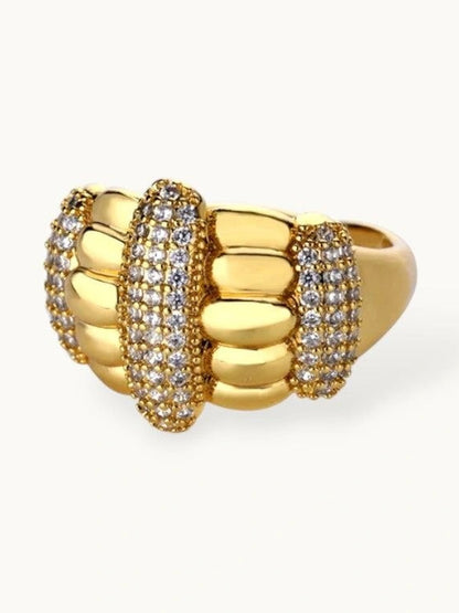 Bold Wide Segmented Pave Dome Stackable Gold Plated Ring