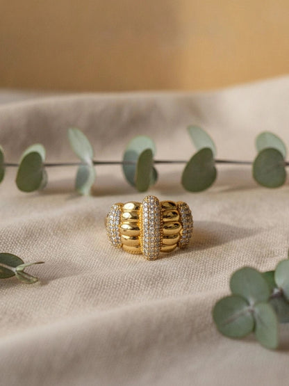Bold Wide Segmented Pave Dome Stackable Gold Plated Ring