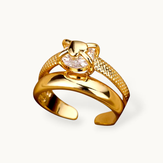Textured Solitaire Heart Shape Gold Plated Stackable Diamond Band Ring