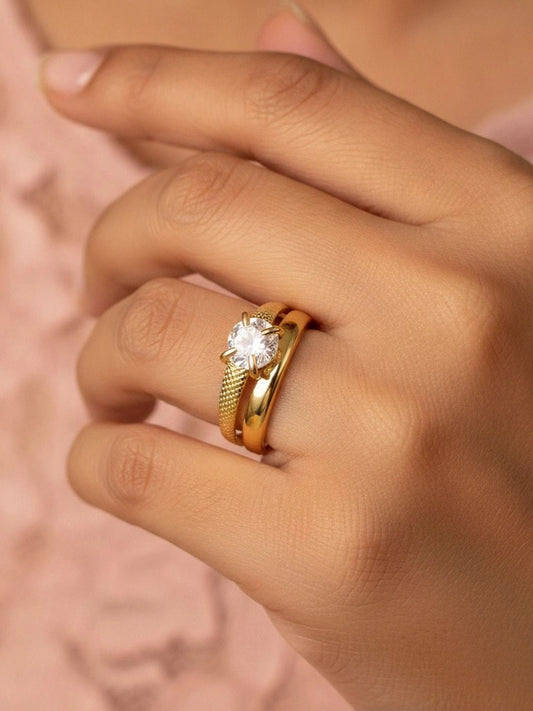 Textured Solitaire Heart Shape Gold Plated Stackable Diamond Band Ring