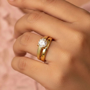 Textured Solitaire Heart Shape Gold Plated Stackable Diamond Band Ring